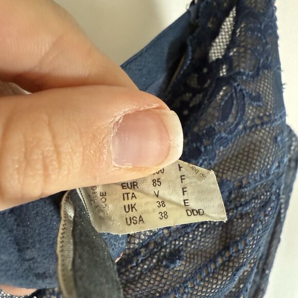 Chantelle Bra Women's 38DDD Blue Floral Lace Hook Eye Mesh Back Adjustable - Picture 5 of 12